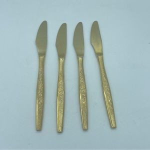 Vintage JH Intl Carlyle Gold Electroplate Stainless Golden Bouquet Rose 4 KNIVES